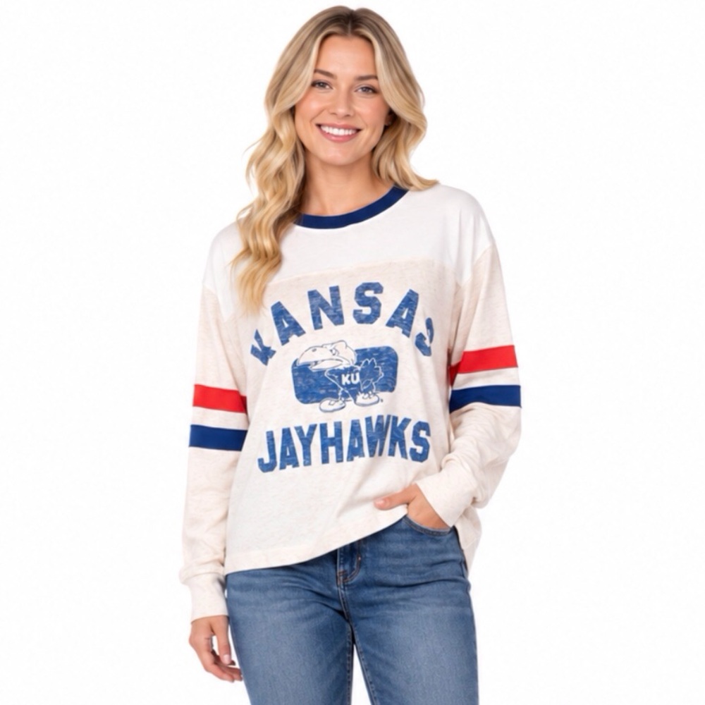 Kansas Jayhawks Womens T Shirt Size Small Oatmeal Long Sleeve All Class Lena Tee